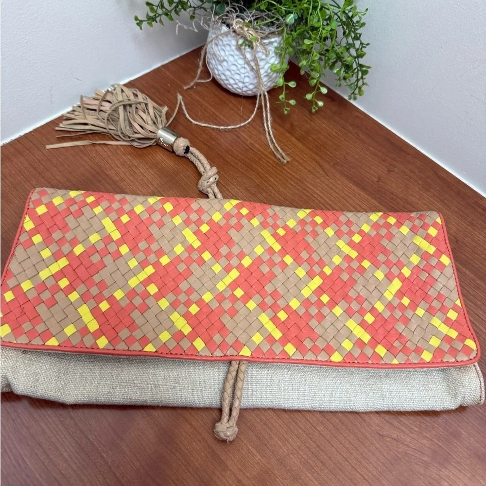 Sam Edelman Women Clutch Bright Multi Zip Top Woven EUC